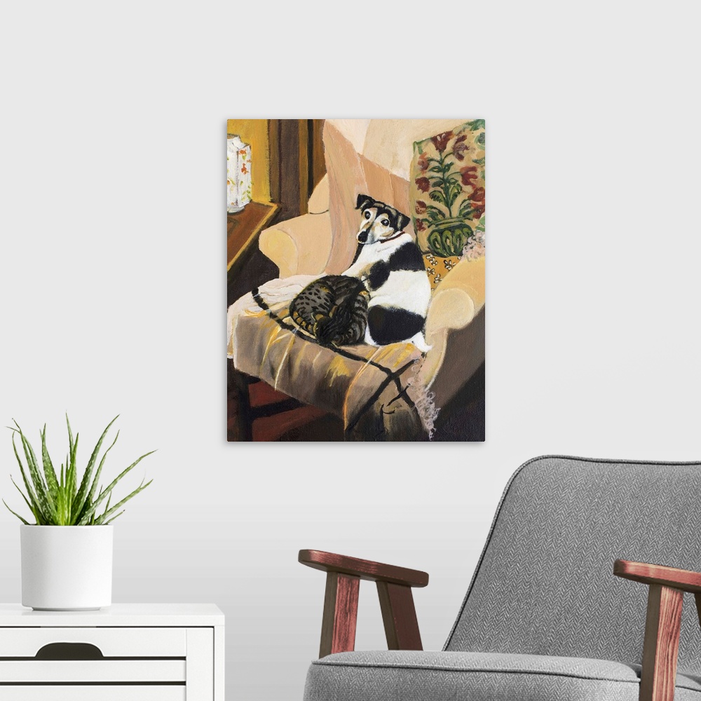 A modern room featuring Contemporary painting of a dog and a cat laying together on an armchair.
