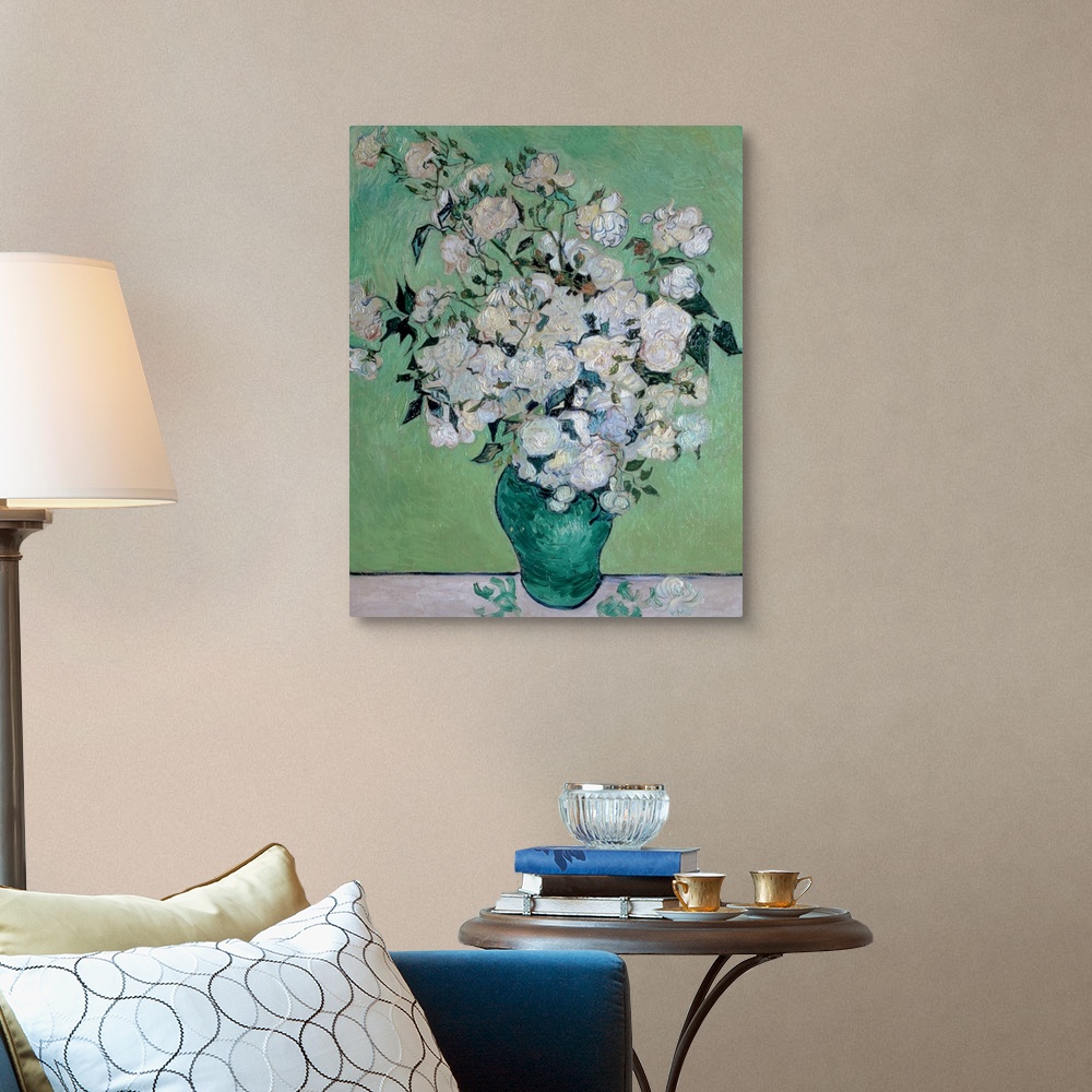A traditional room featuring Painting on canvas of flowers in a vase with a few petals on the table it is sitting on.