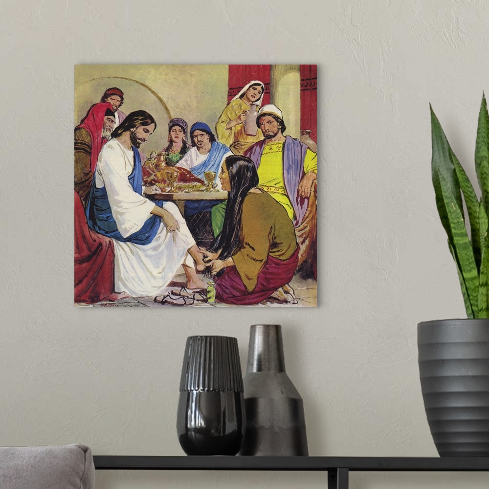 A modern room featuring A Woman Of Faith, colour litho.  By Clive Uptton (1911-2006).