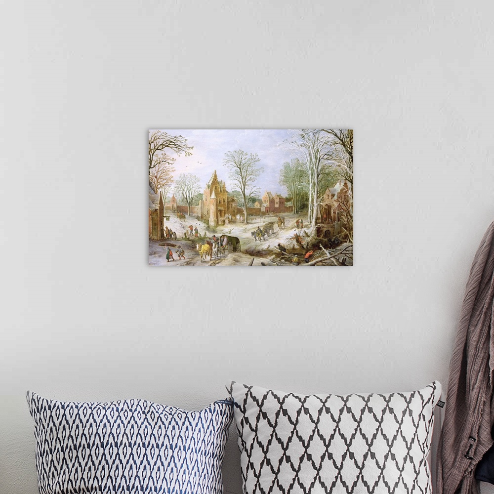 A bohemian room featuring A wooded winter landscape with a cart
