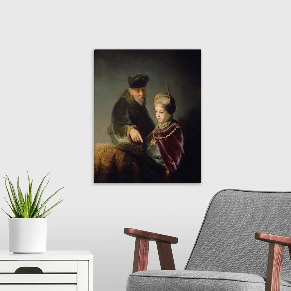 A modern room featuring Painting by Rembrandt of a young scholar and hist tutor.