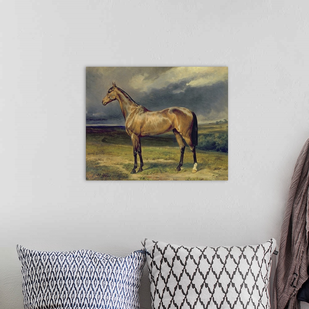 A bohemian room featuring Oil painting on canvas of a horse standing in an open field with stormy clouds in the distance.