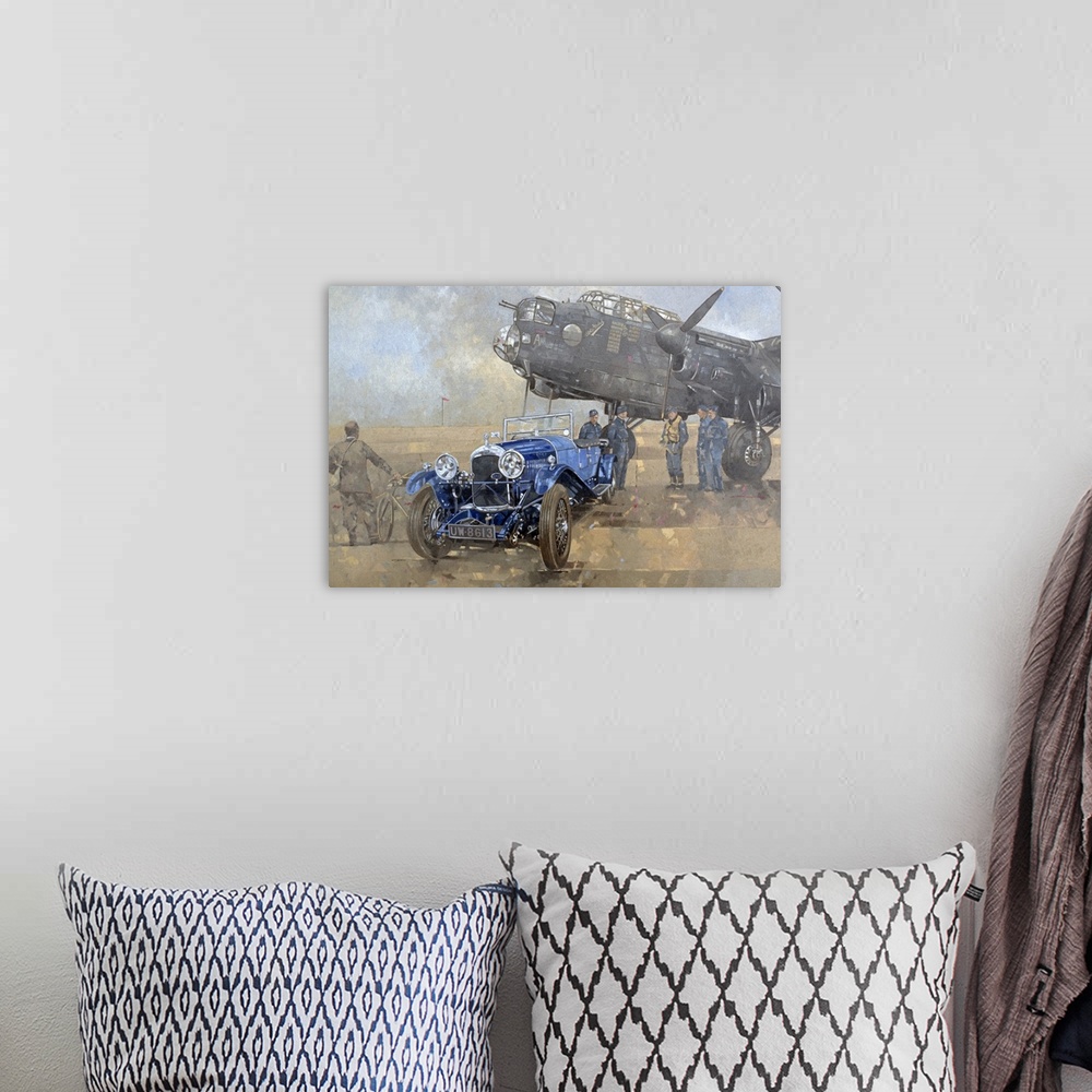 A bohemian room featuring Oil painting of vintage aircraft and car surrounded with soldiers, pilots, and a man on a bike st...