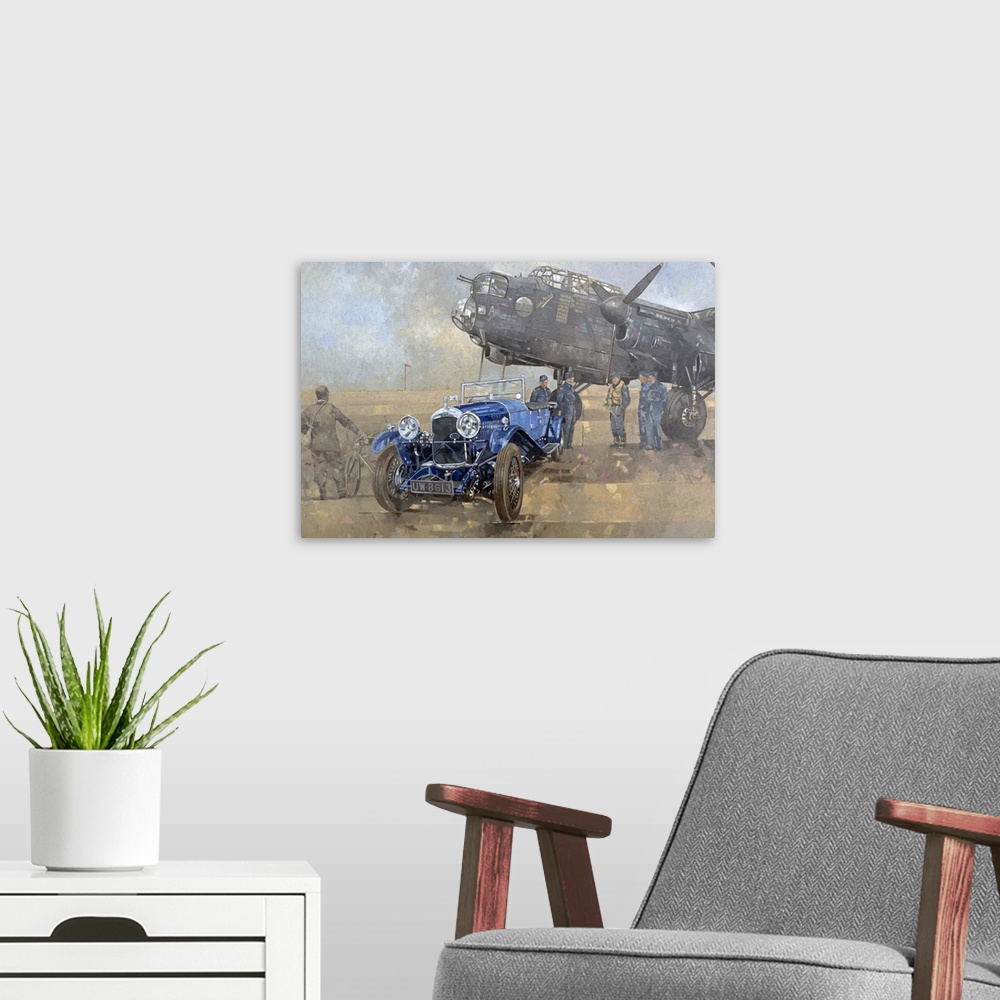 A modern room featuring Oil painting of vintage aircraft and car surrounded with soldiers, pilots, and a man on a bike st...
