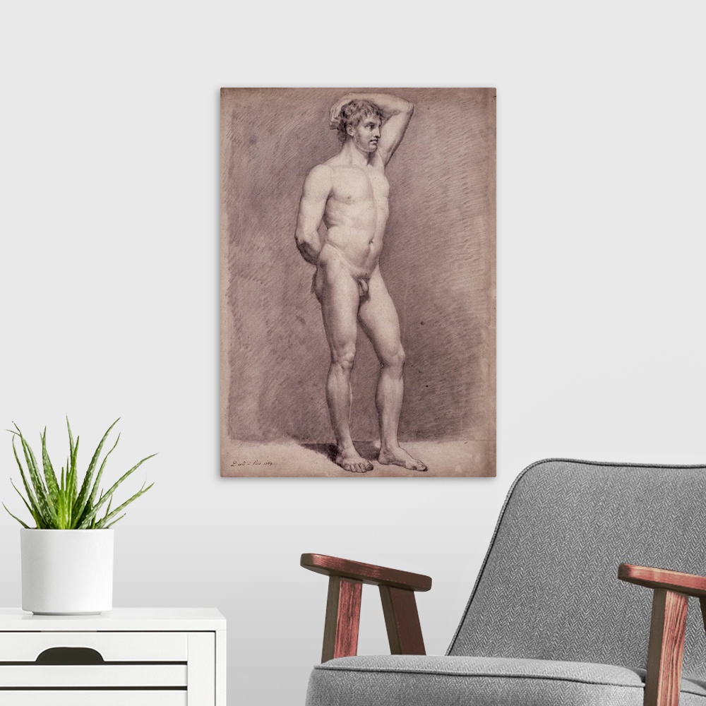 A modern room featuring FIT167660 Academy Study of the Male Nude, 1764 (black chalk on paper) by David, Jacques Louis (17...