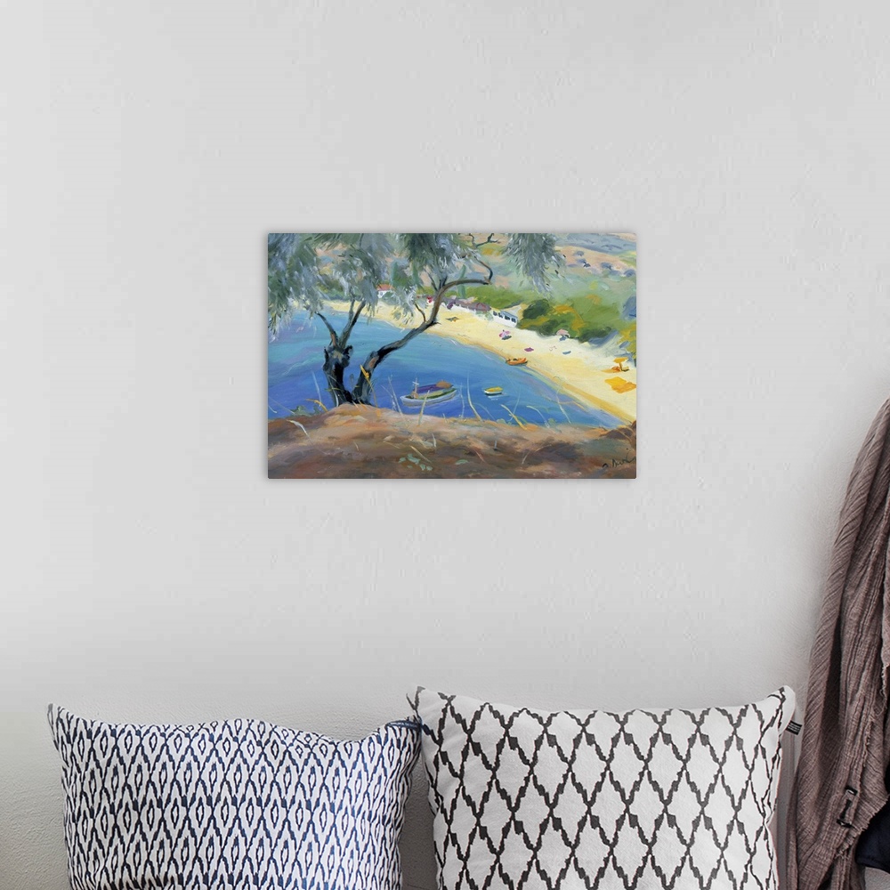A bohemian room featuring Oversized landscape painting of a single tree on a hillside, overlooking blue waters with several...
