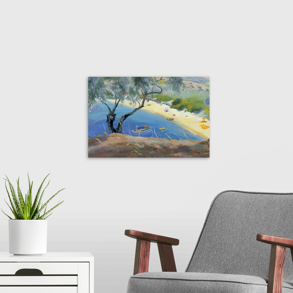 A modern room featuring Oversized landscape painting of a single tree on a hillside, overlooking blue waters with several...