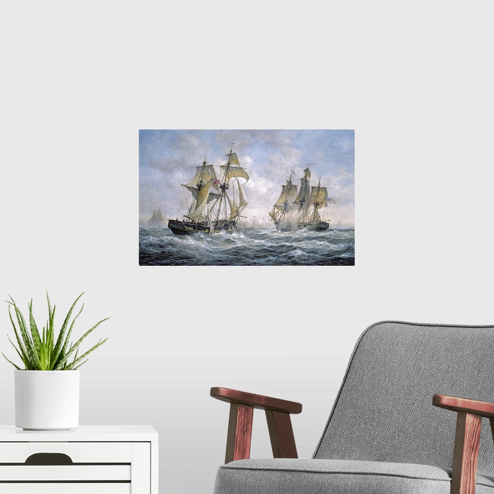 A modern room featuring Large contemporary art portrays a battle between two warships belonging to the United States of A...