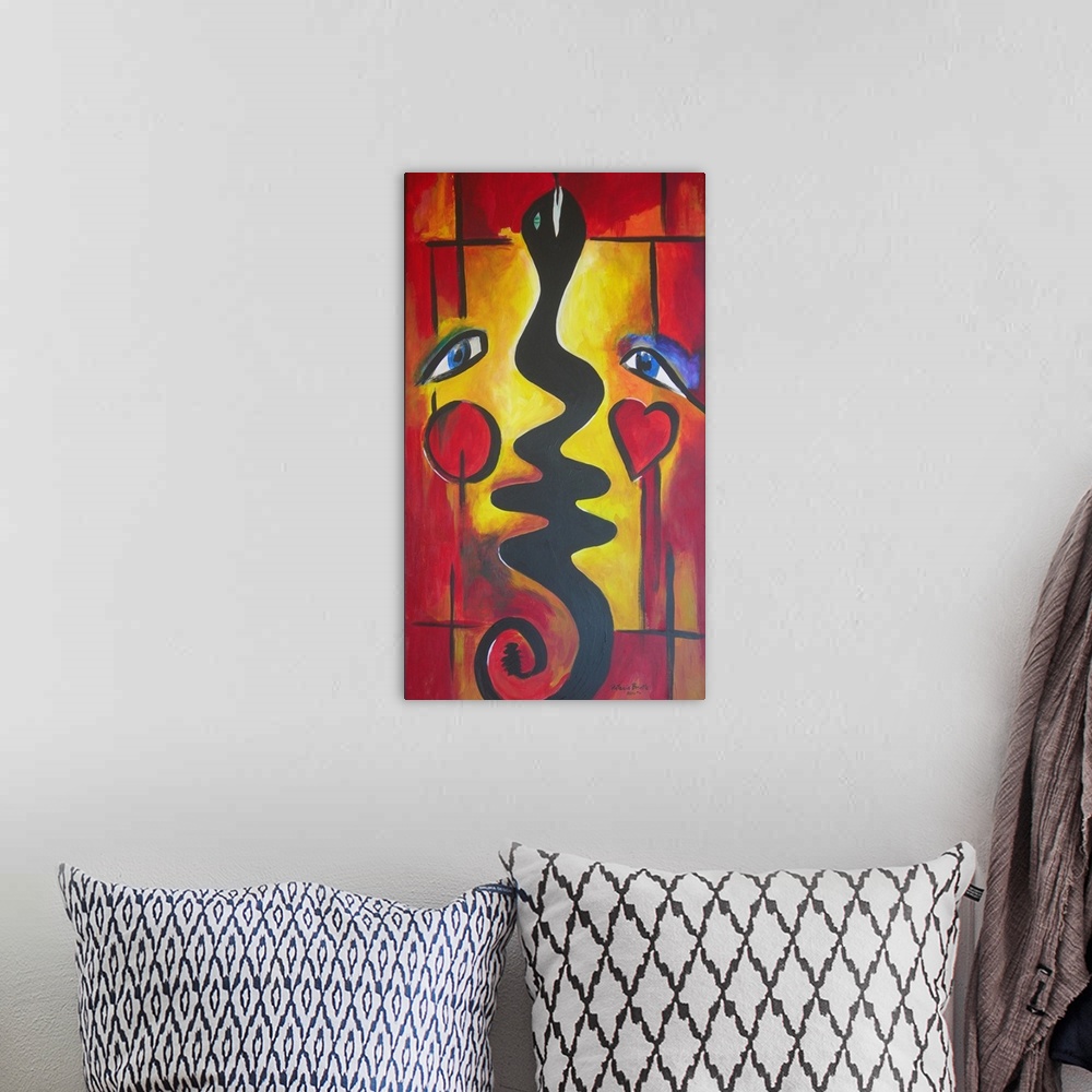 A bohemian room featuring Contemporary abstract painting representing Adam, Eve, and the serpent.