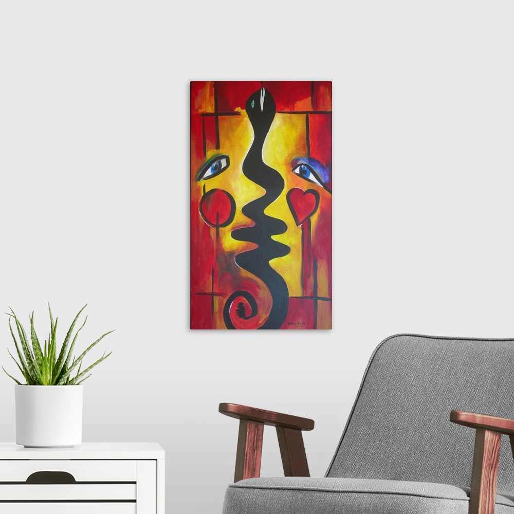 A modern room featuring Contemporary abstract painting representing Adam, Eve, and the serpent.