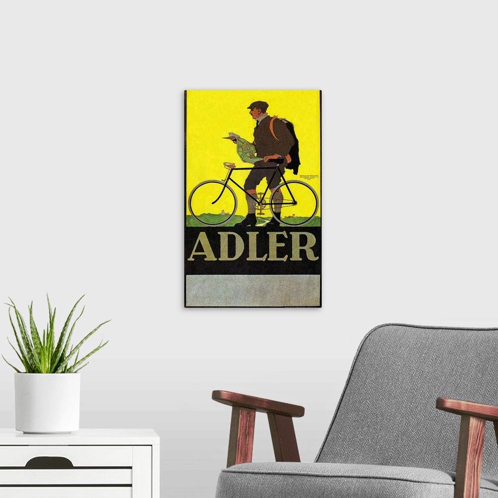 A modern room featuring Adler bicycles advertisement, early 1900s.