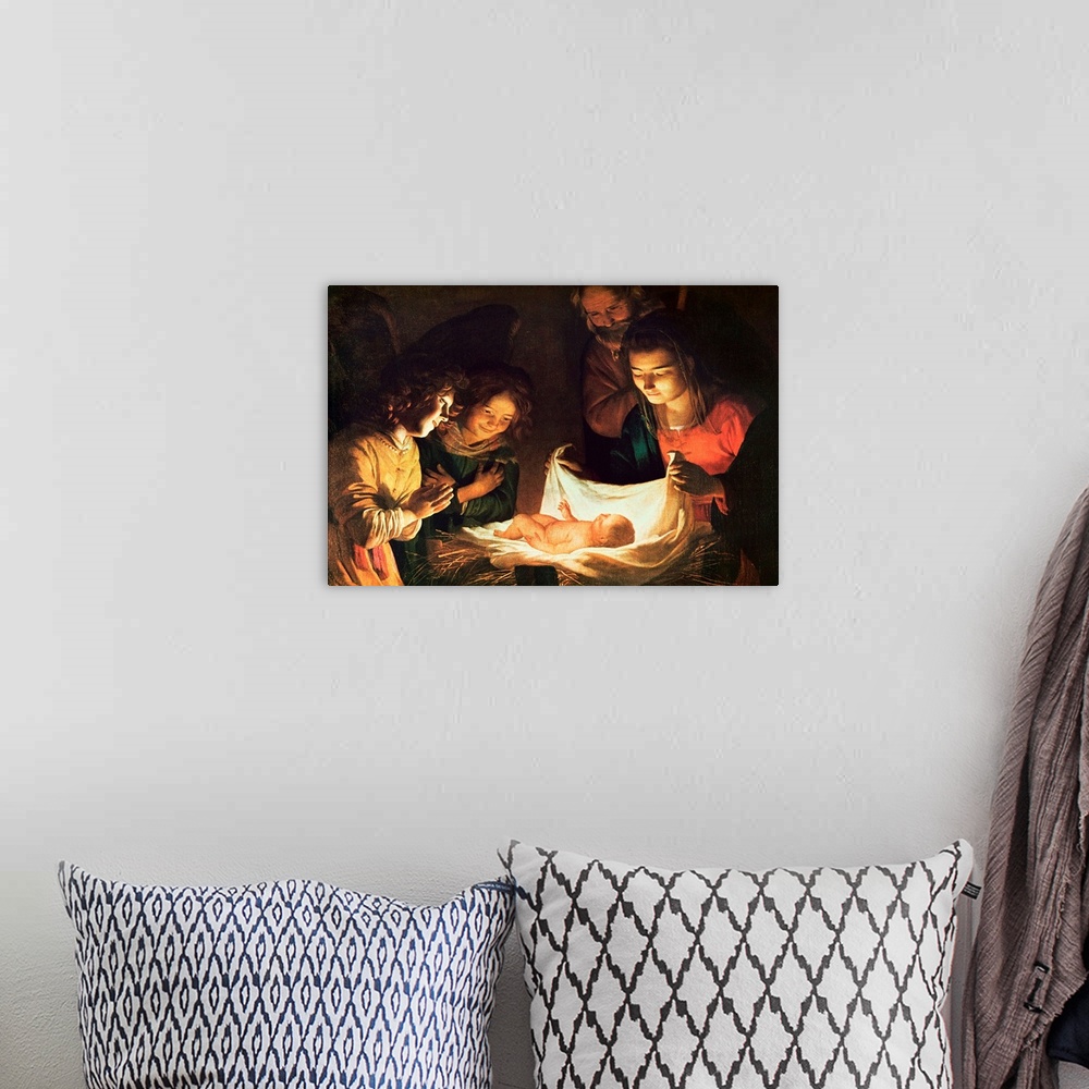 A bohemian room featuring BAL29484 Adoration of the baby, c.1620 (oil on canvas)  by Honthorst, Gerrit van (1590-1656); 95....