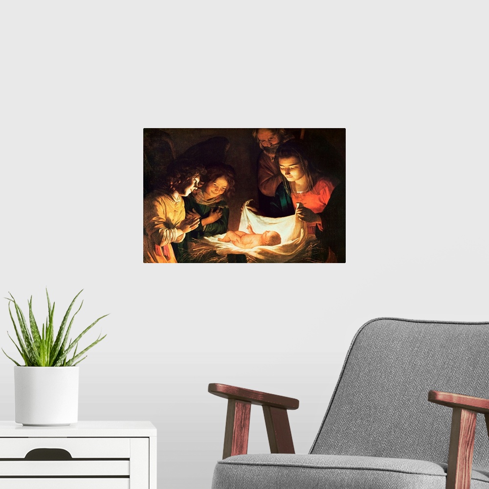 A modern room featuring BAL29484 Adoration of the baby, c.1620 (oil on canvas)  by Honthorst, Gerrit van (1590-1656); 95....