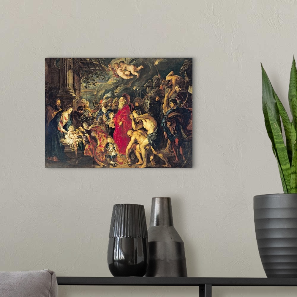 A modern room featuring Classic artwork of the piece titled Adoration of the Magi.