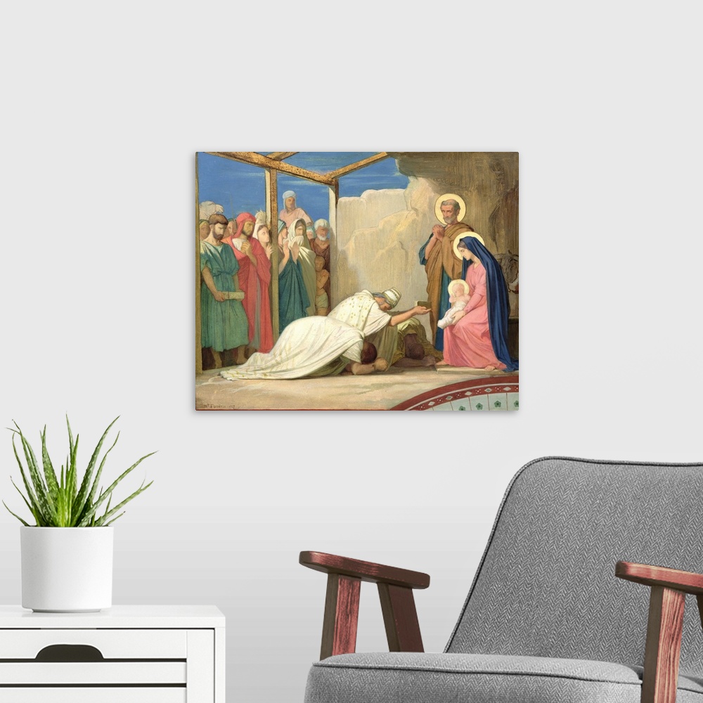 A modern room featuring XMP26279 Adoration of the Magi, 1857 (oil on card)  by Flandrin, Hippolyte (1809-64); 45.5x56.5 c...