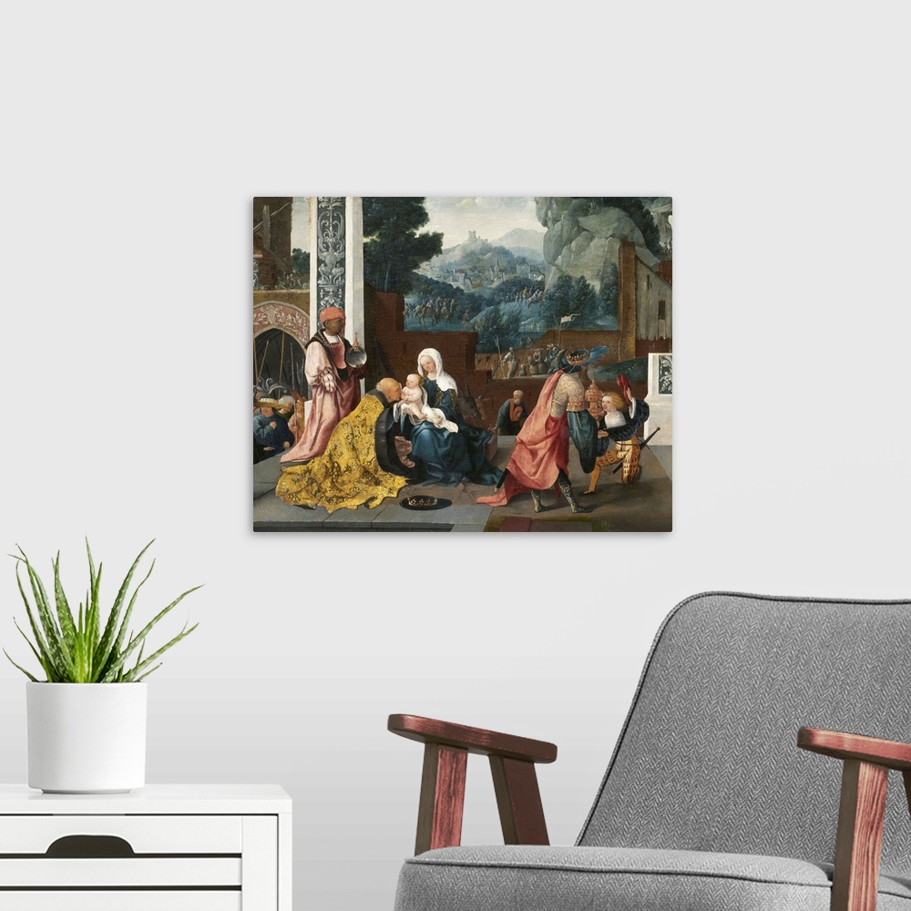 A modern room featuring Adoration of the Magi, c.1519, oil on panel.