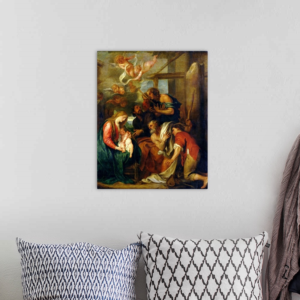 A bohemian room featuring XKH141369 Adoration of the Shepherds (oil on canvas)  by Dyck, Sir Anthony van (1599-1641); 228x1...