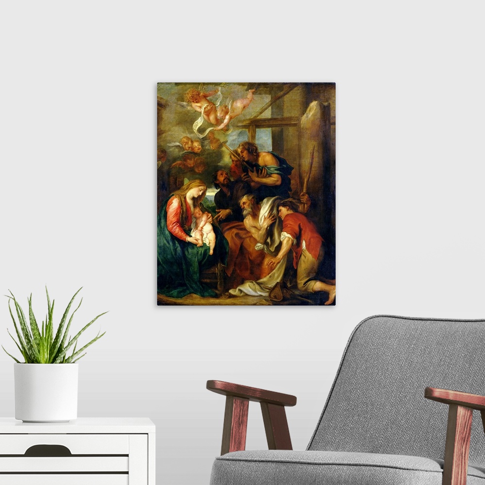 A modern room featuring XKH141369 Adoration of the Shepherds (oil on canvas)  by Dyck, Sir Anthony van (1599-1641); 228x1...