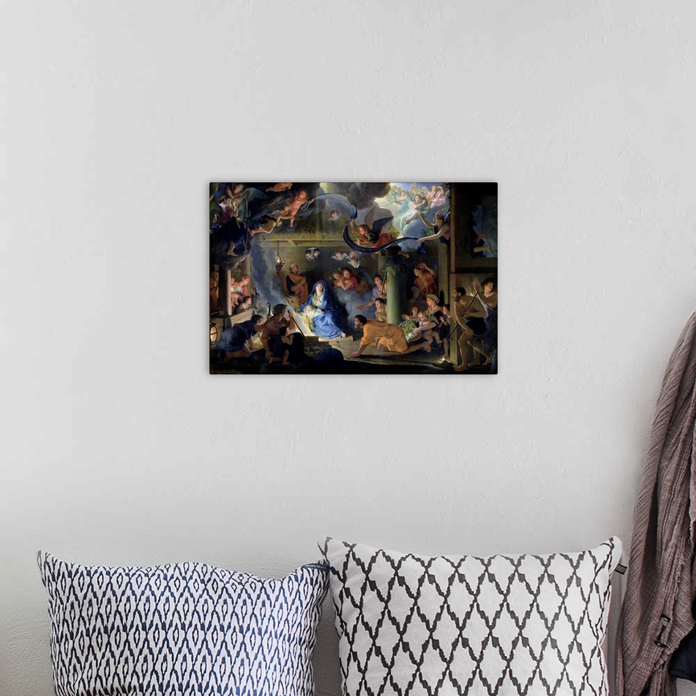 A bohemian room featuring XIR70517 Adoration of the Shepherds, 1689 (oil on canvas)  by Le Brun, Charles (1619-90); 151x215...