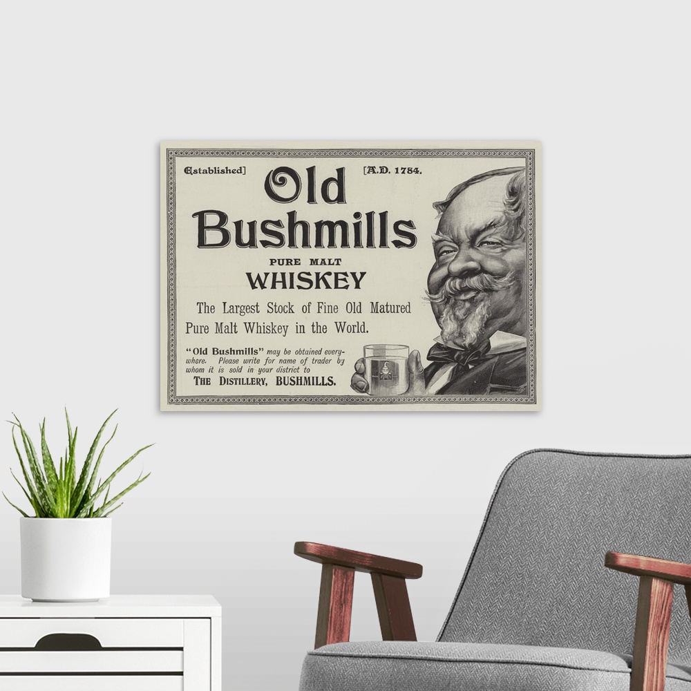 A modern room featuring Advertisement, Old Bushmills Whiskey. Illustration for The Illustrated London News, 21 November 1...