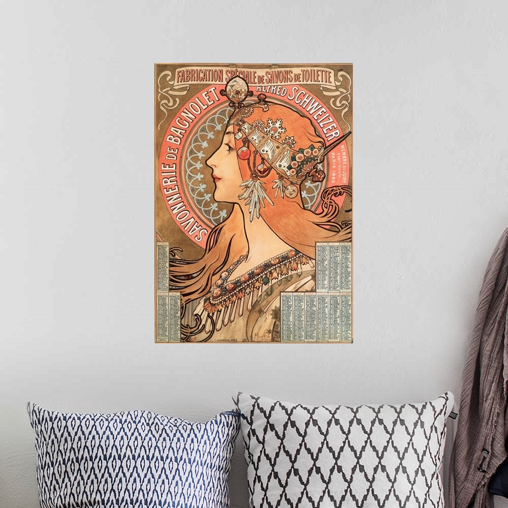A bohemian room featuring Calendar page of the year 1898 decoree of an advertising illustration by Alphonse Mucha (1860-193...
