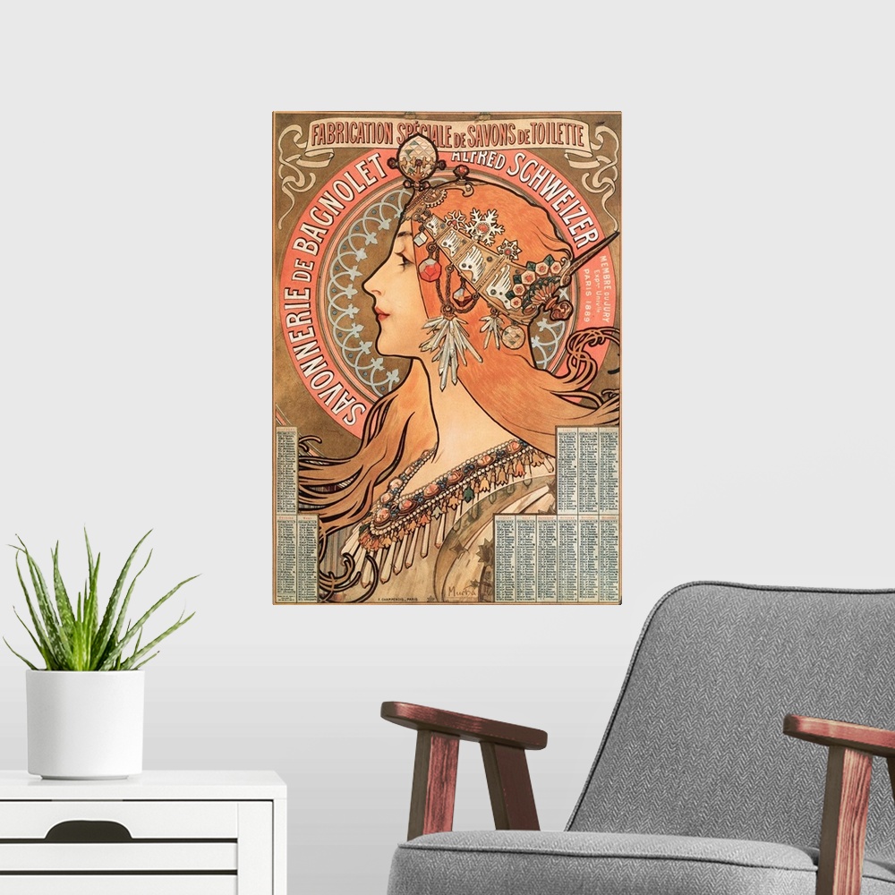 A modern room featuring Calendar page of the year 1898 decoree of an advertising illustration by Alphonse Mucha (1860-193...