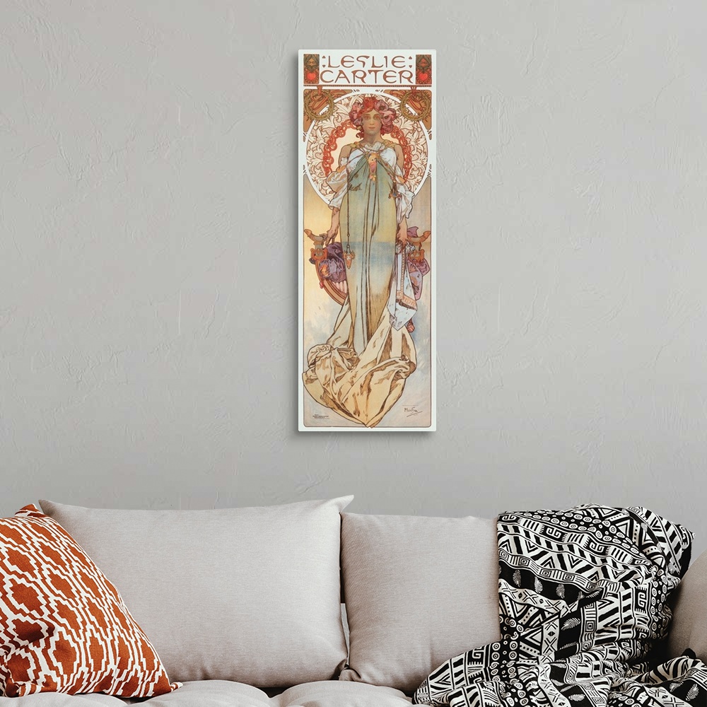 A bohemian room featuring Advertising illustration by Alphonse Mucha representing stage actress Leslie Carter in her new pl...