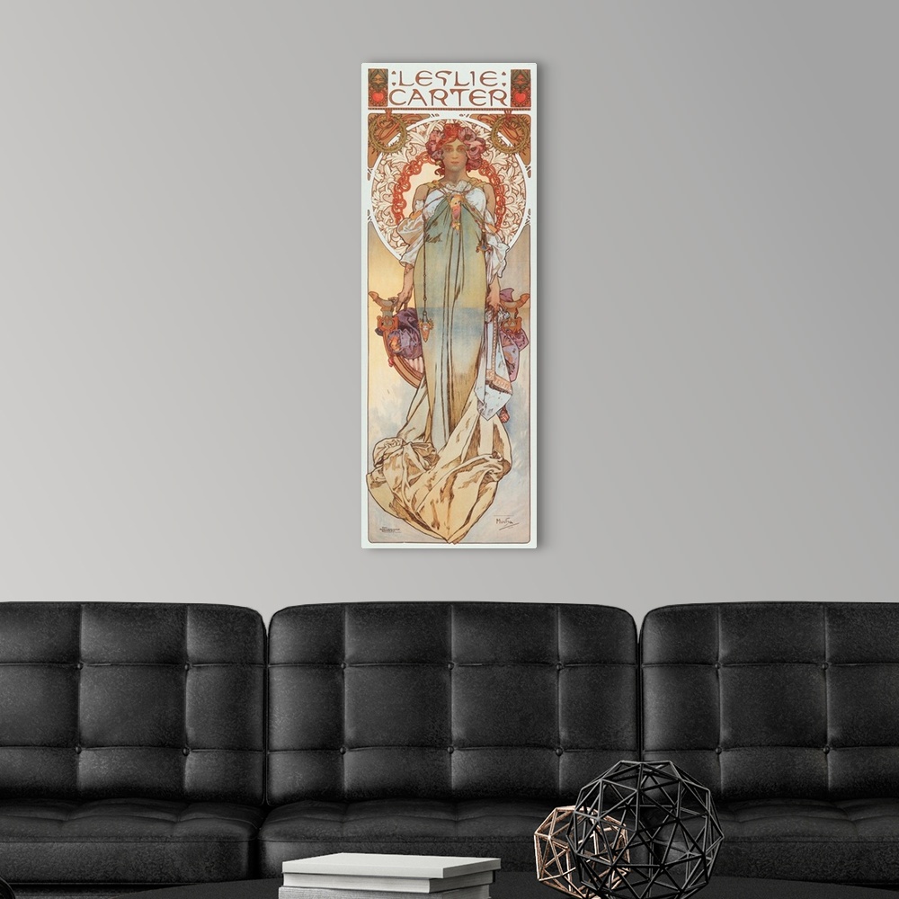 A modern room featuring Advertising illustration by Alphonse Mucha representing stage actress Leslie Carter in her new pl...