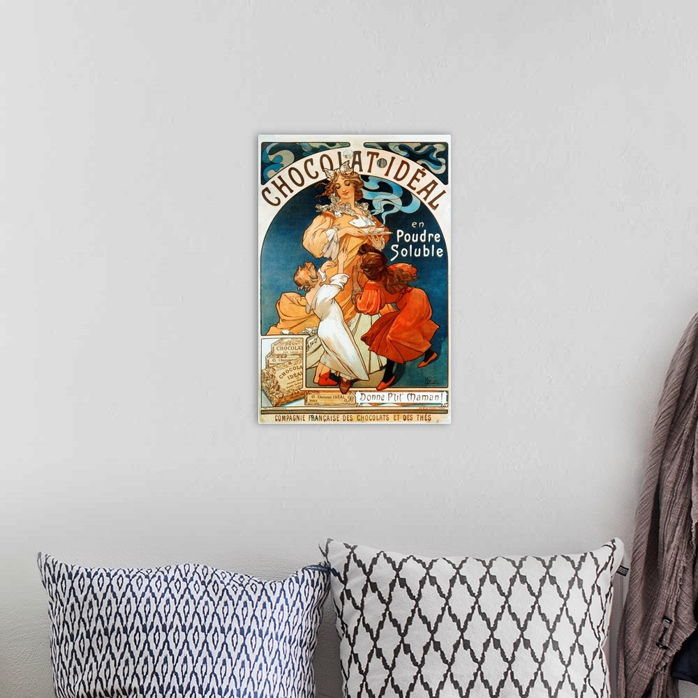 A bohemian room featuring Advertising poster by Alphonse Mucha (1860-1939) for chocolate "Chocolate Ideal" 1897.