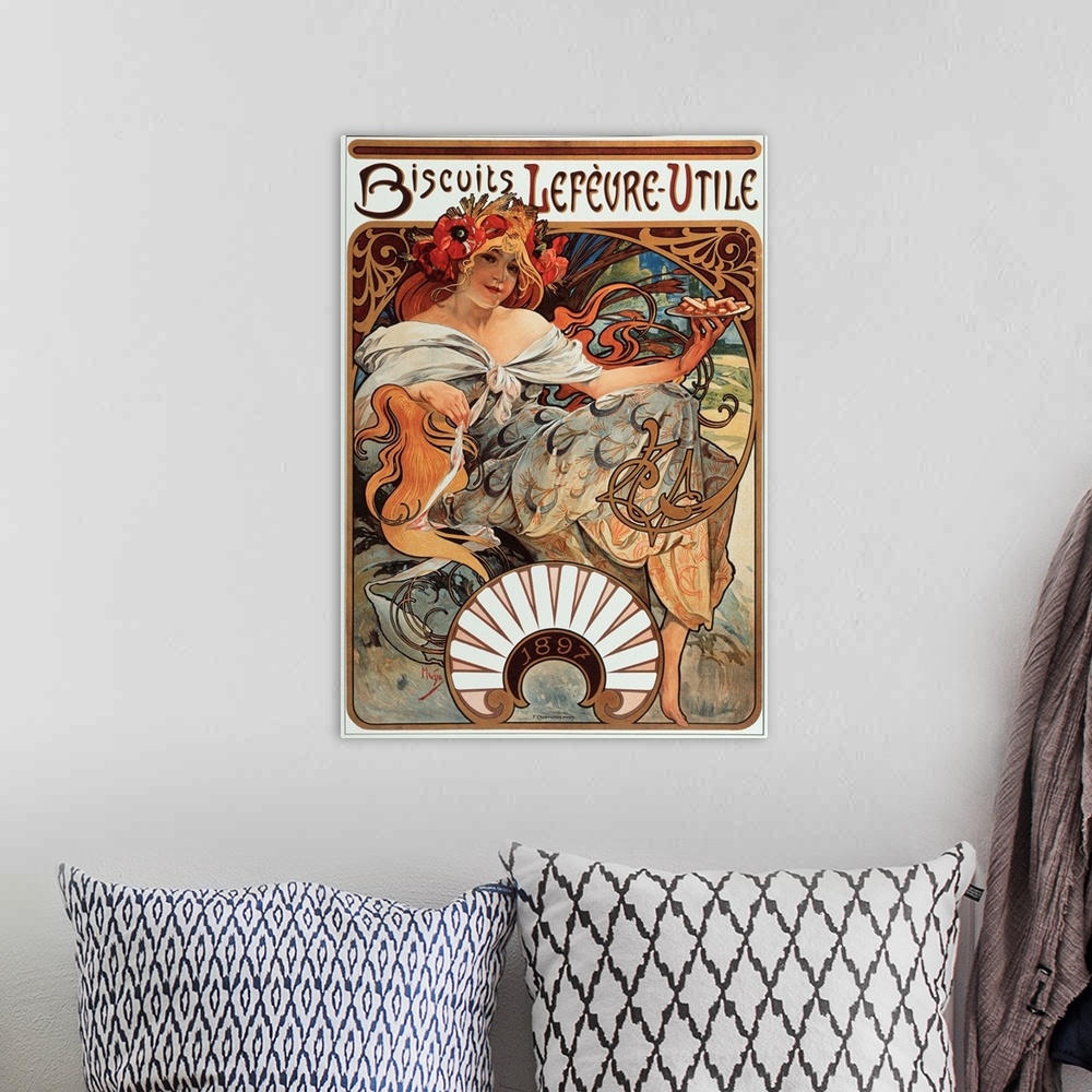 A bohemian room featuring Advertising poster by Alphonse Mucha for Lefevre Utile Biscuits, 1897.