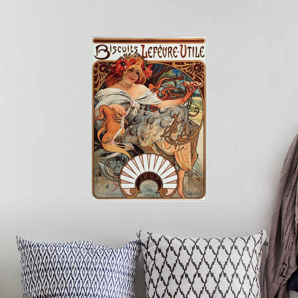 A bohemian room featuring Advertising poster by Alphonse Mucha for Lefevre Utile Biscuits, 1897.