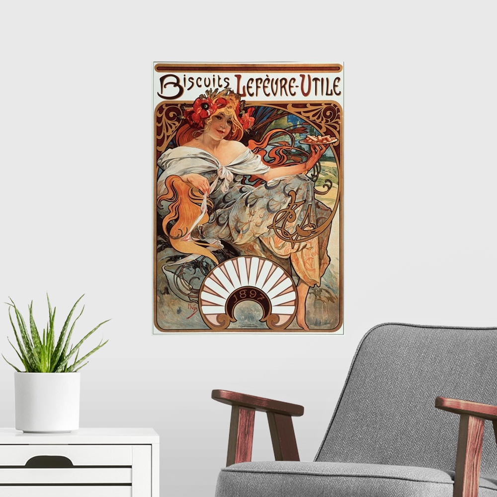 A modern room featuring Advertising poster by Alphonse Mucha for Lefevre Utile Biscuits, 1897.
