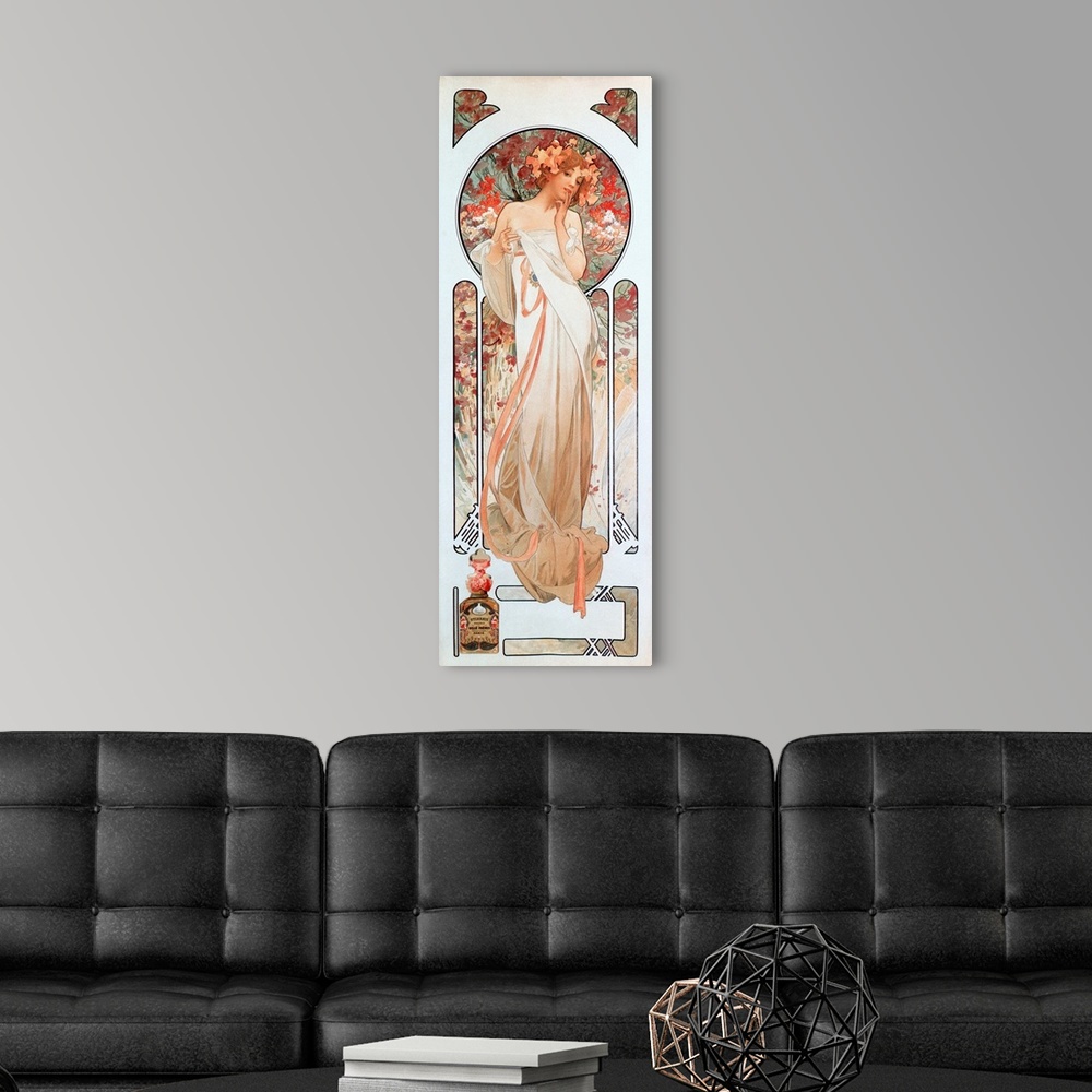 A modern room featuring Advertising poster by Alphonse Mucha (1860-1939) for the fragrance "Sylvanis essence" 1899.