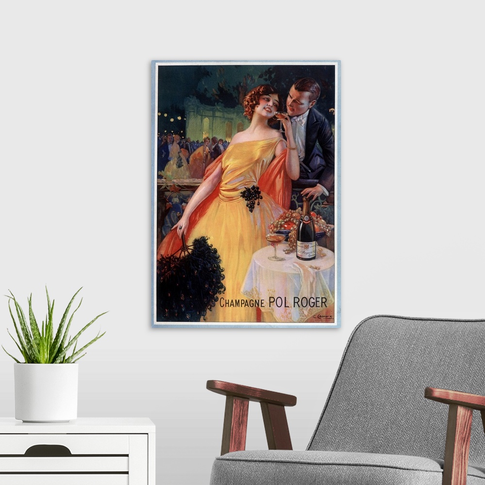 A modern room featuring Advertising poster for champagne Pol Roger, deb. 20th century. Illustration of Gaspar Camps (1874...
