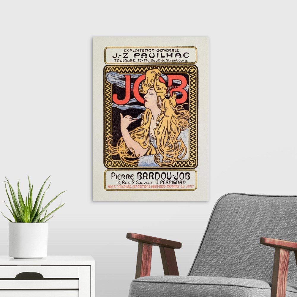 A modern room featuring Advertising poster for cigarette paper Job created by Alphonse Mucha (1860-1939) 1900.