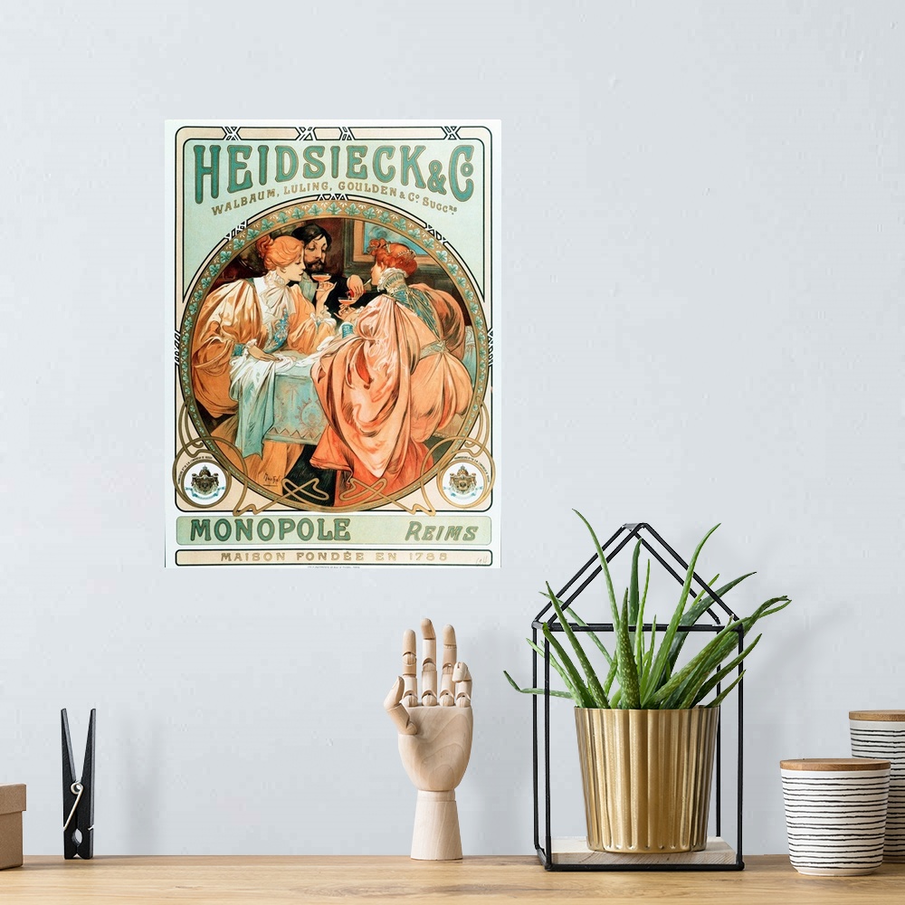A bohemian room featuring Advertising poster for Heidsieck Champagne company, 1901.