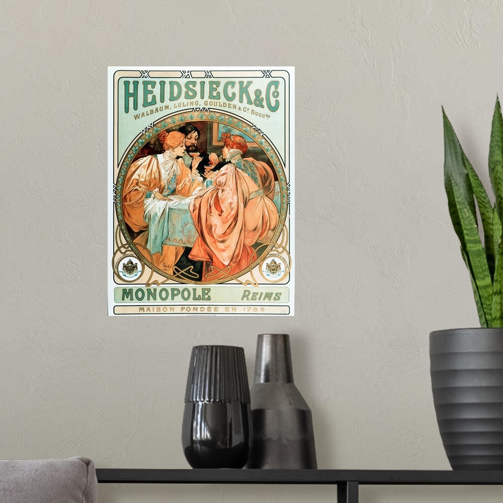 A modern room featuring Advertising poster for Heidsieck Champagne company, 1901.
