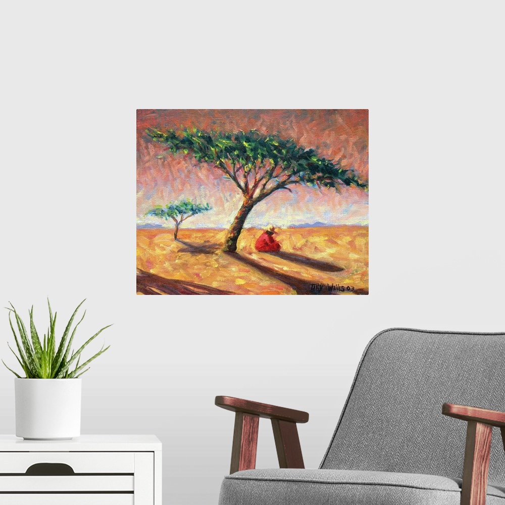 A modern room featuring Big, landscape painting of an African landscape, the sun shining over a large tree where a person...