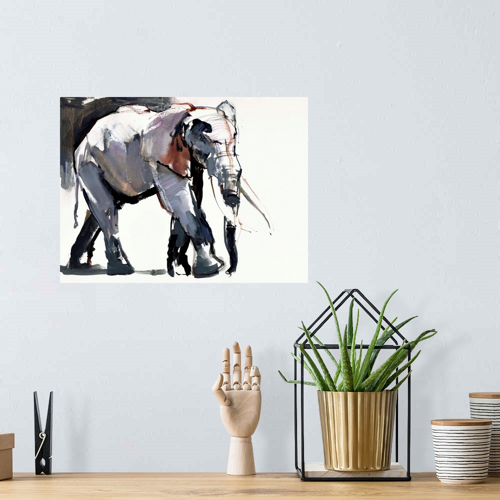 A bohemian room featuring Contemporary watercolor painting of an elephant against a white background.