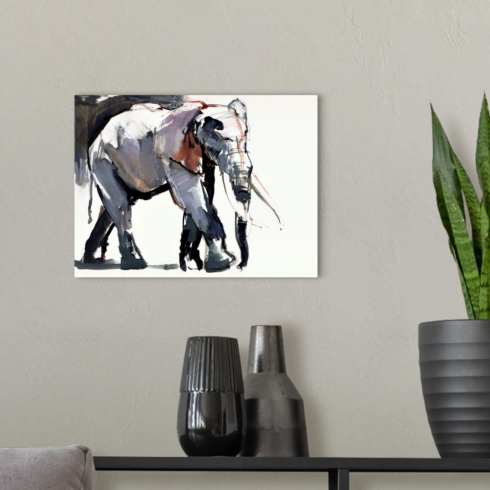 A modern room featuring Contemporary watercolor painting of an elephant against a white background.