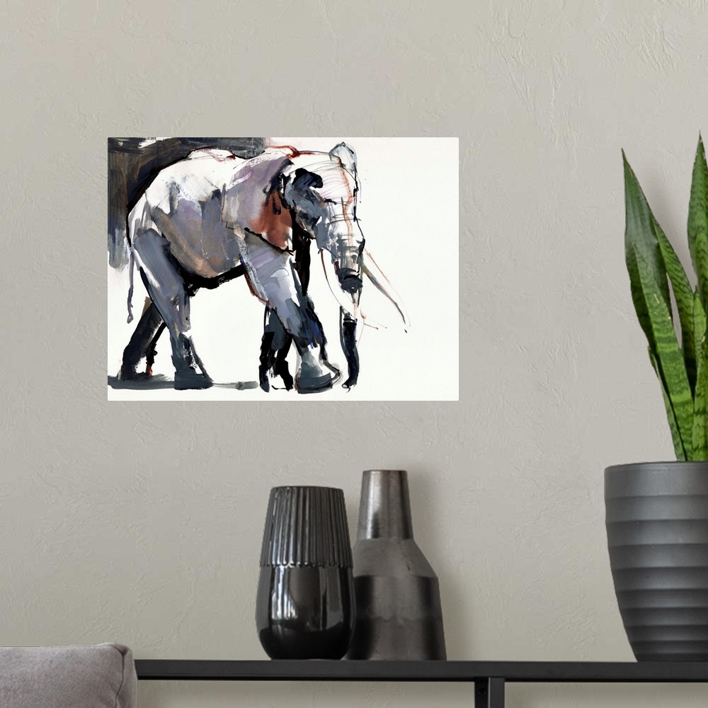 A modern room featuring Contemporary watercolor painting of an elephant against a white background.