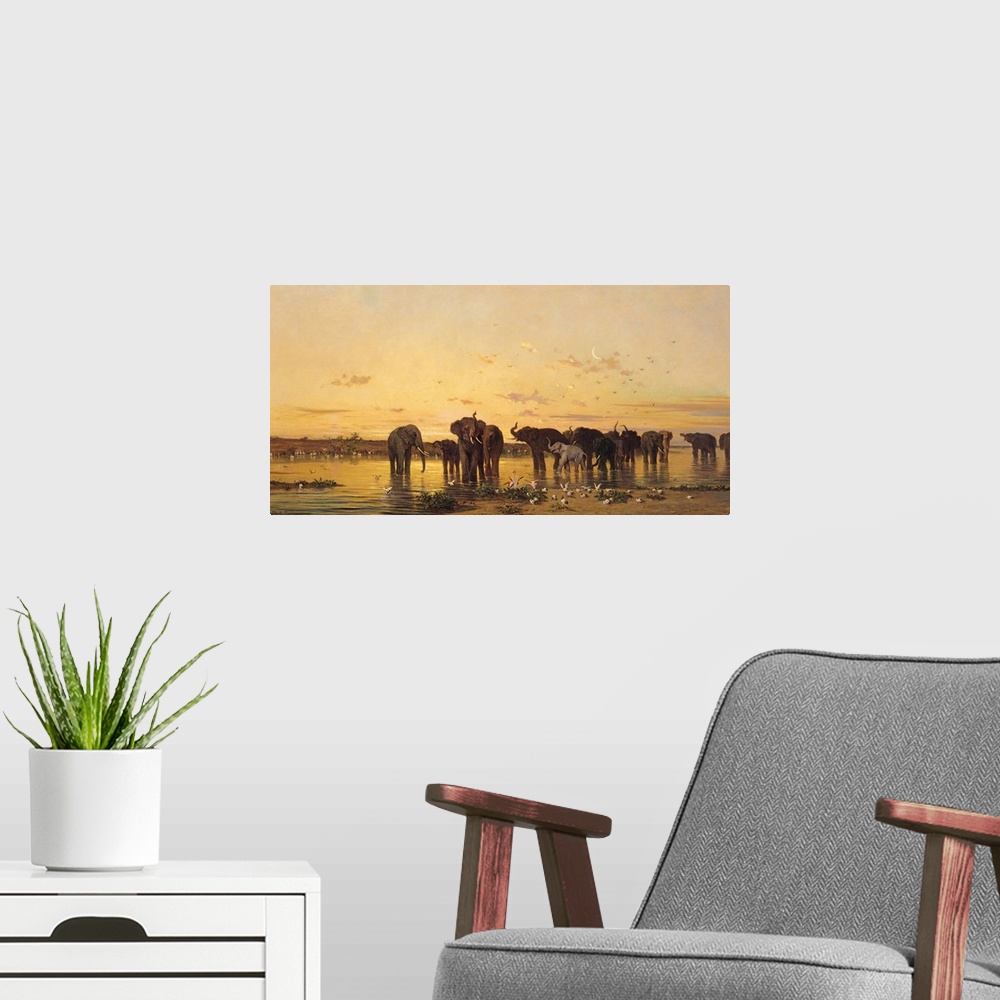 A modern room featuring An oil painting of elephants at dusk standing in shallow water with birds scattered throughout th...