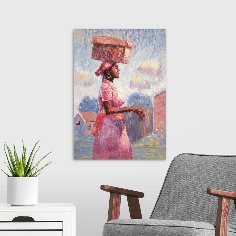 A modern room featuring African Lady, 1988, oil on canvas.  By Carlton Murrell.