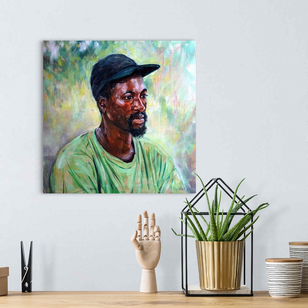 A bohemian room featuring African Man, 1996, originally oil on canvas.