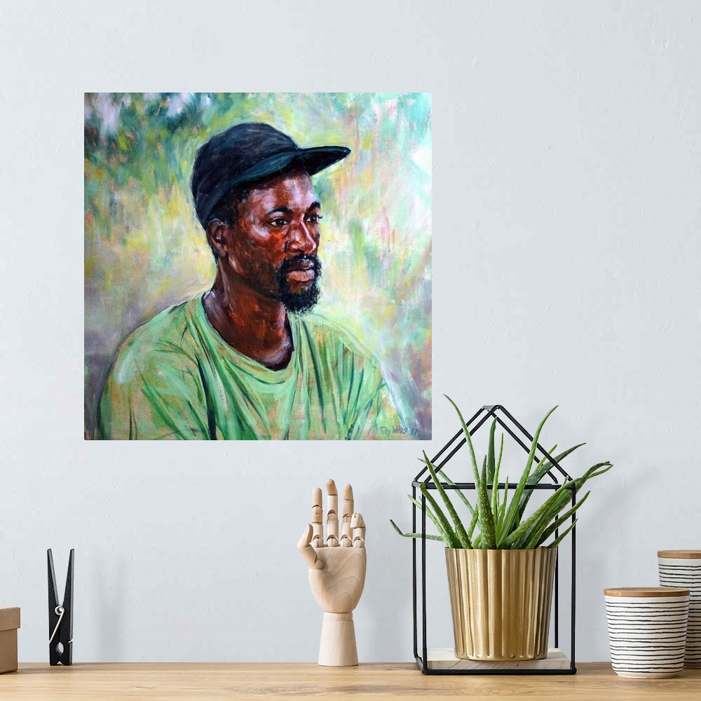 A bohemian room featuring African Man, 1996, originally oil on canvas.
