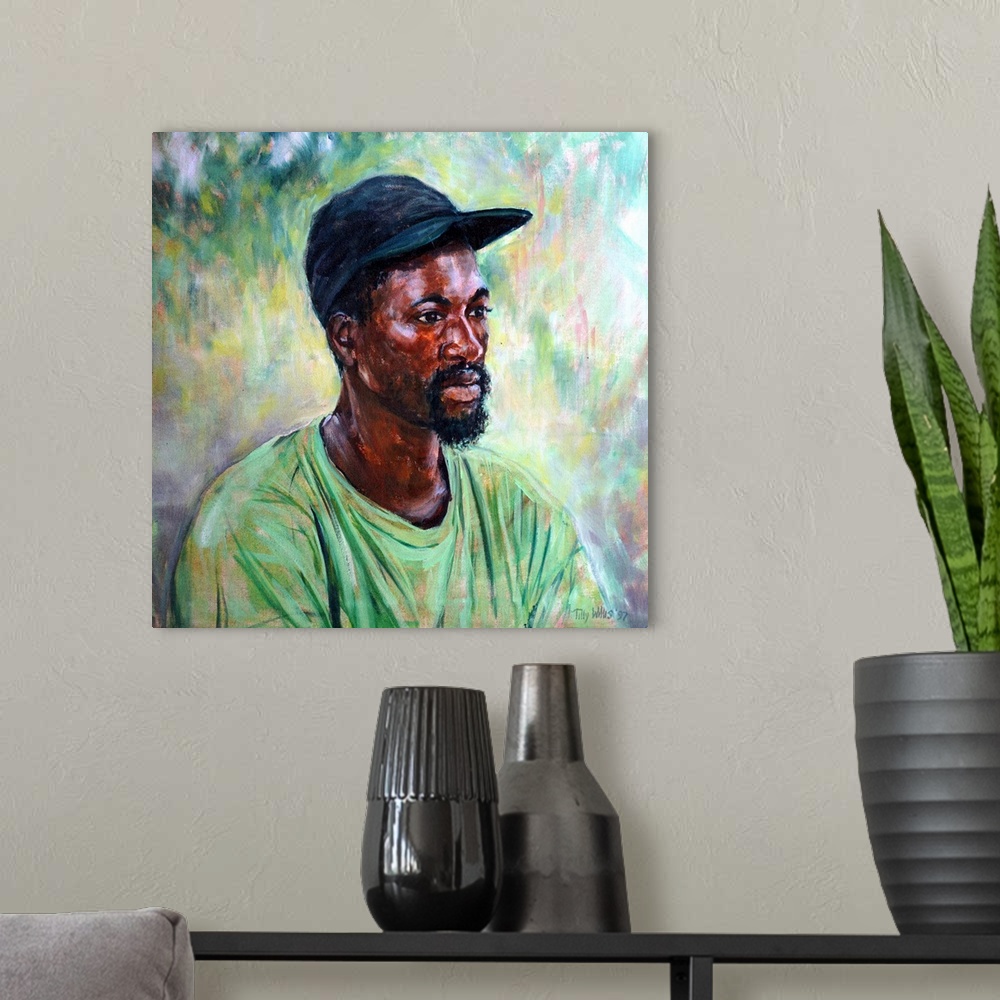 A modern room featuring African Man, 1996, originally oil on canvas.