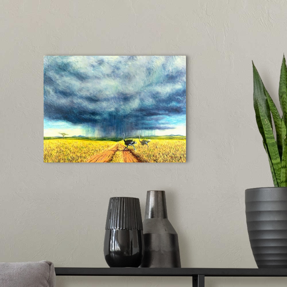 A modern room featuring African Storm, 2016, originally oil on canvas.