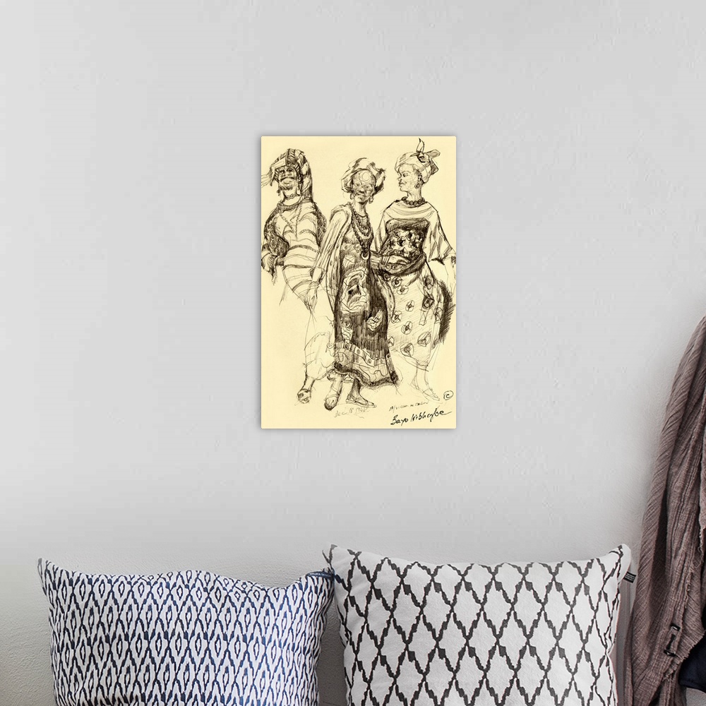 A bohemian room featuring Graphite illustration of three ladies in traditional African garb, including beaded jewelry and p...