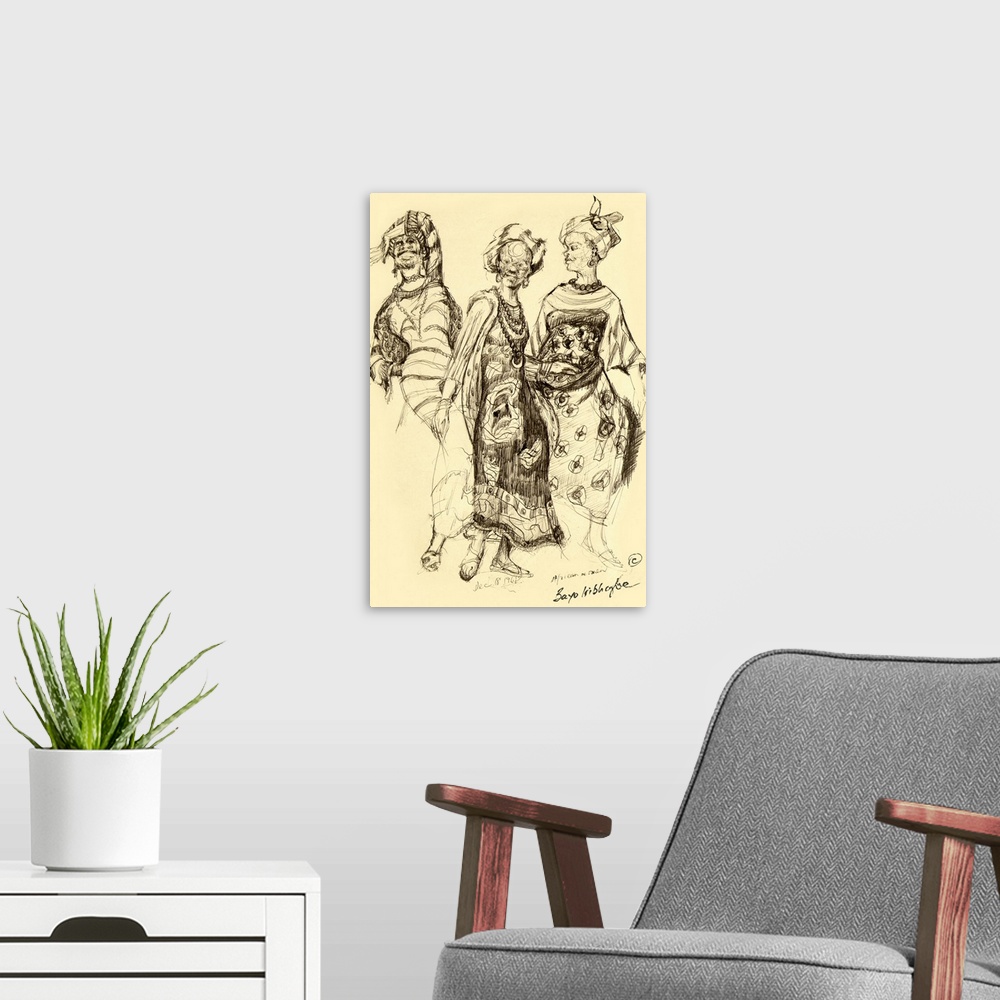 A modern room featuring Graphite illustration of three ladies in traditional African garb, including beaded jewelry and p...