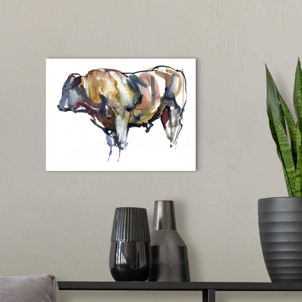 A modern room featuring Contemporary artwork of a bull against a white background.